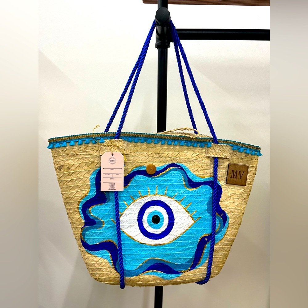 Handmade Blue Evil Eye Straw Tote